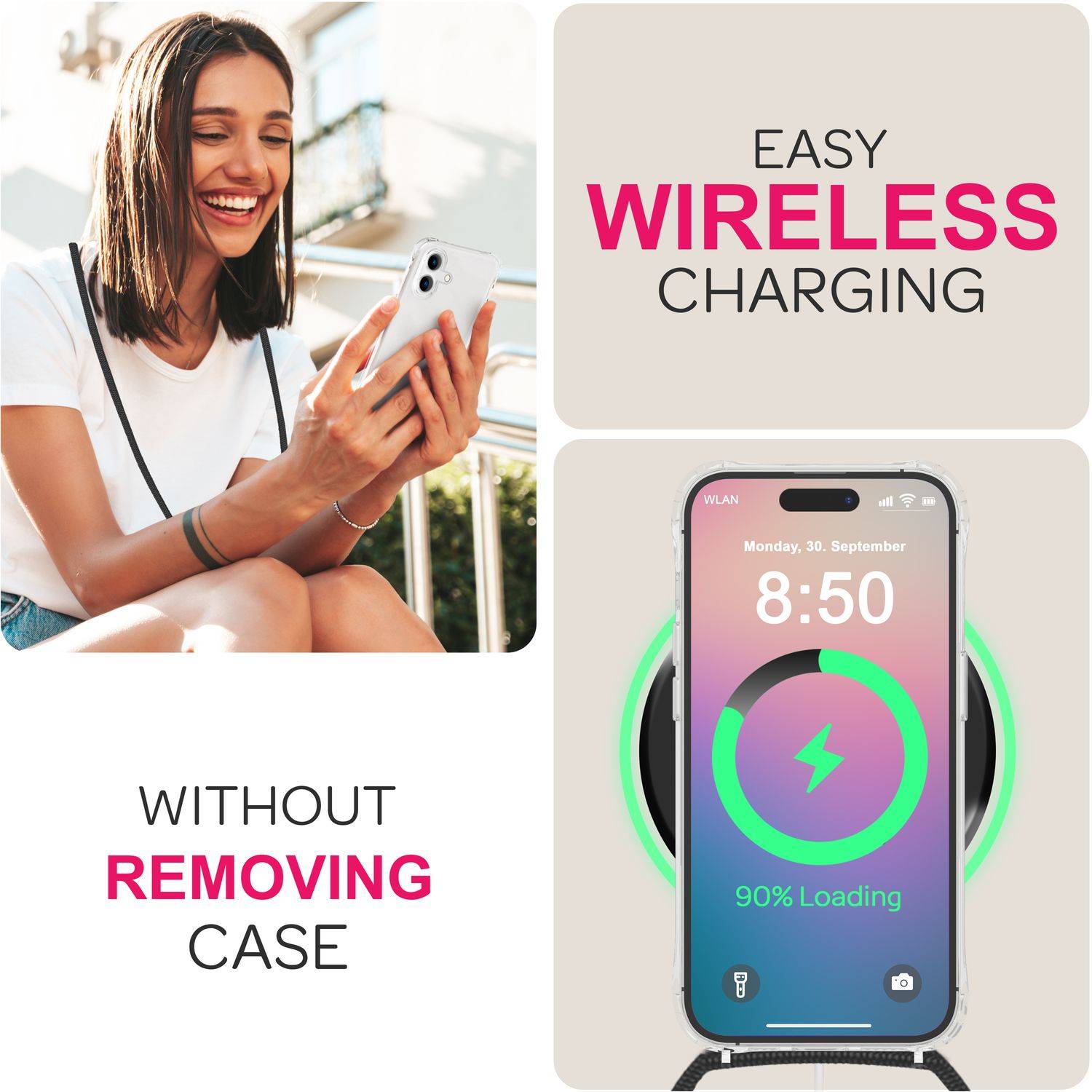 NALIA Klare Hülle mit Band zum Umhängen für iPhone 16 Plus, Transparente Schutz Handyhülle mit Handykette Schwarz-4