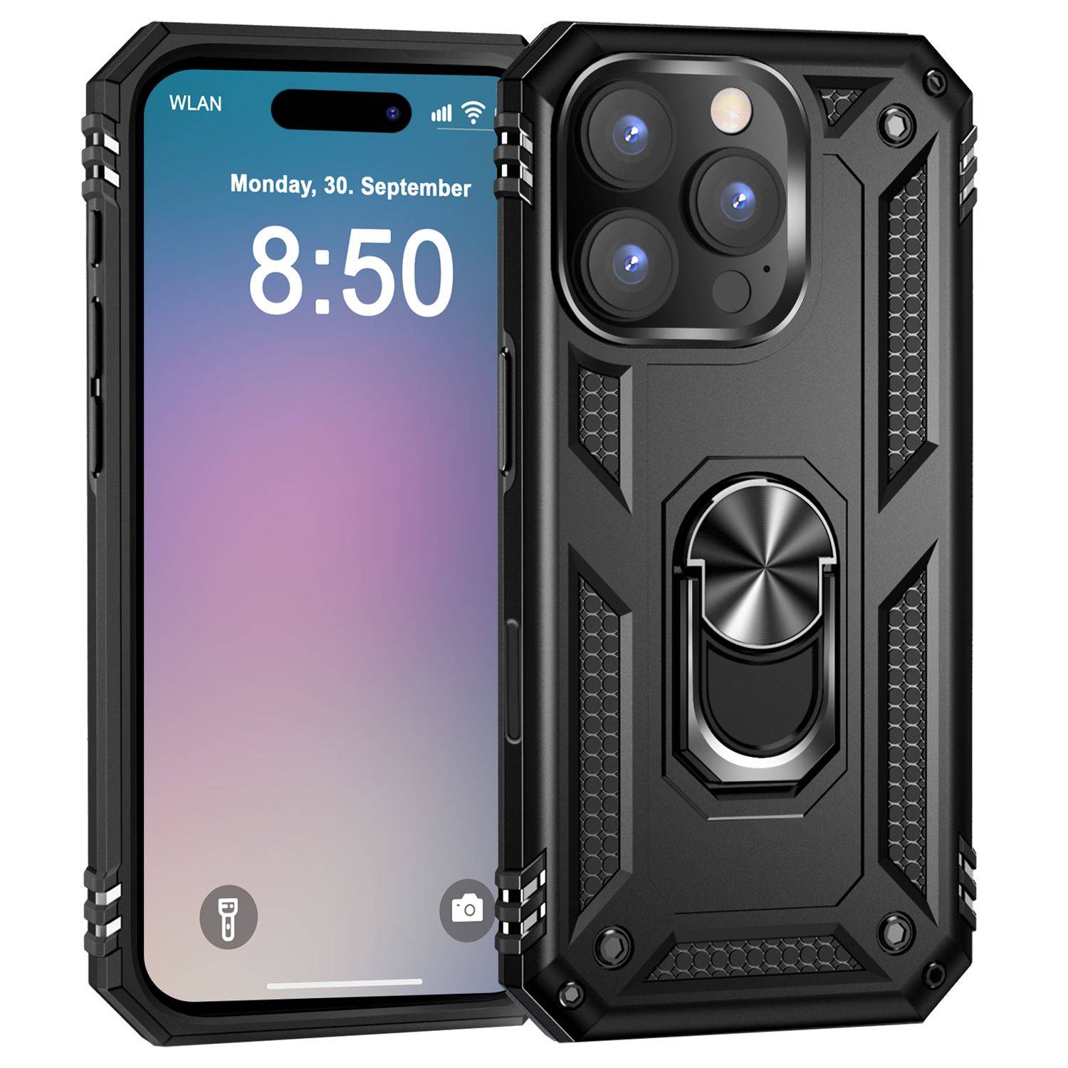 NALIA Military-Style Ringhülle für iPhone 16 Pro, Extrem Schutz Panzer Handyhülle, Hardcase Hülle mit 360° Ring Schwarz-0