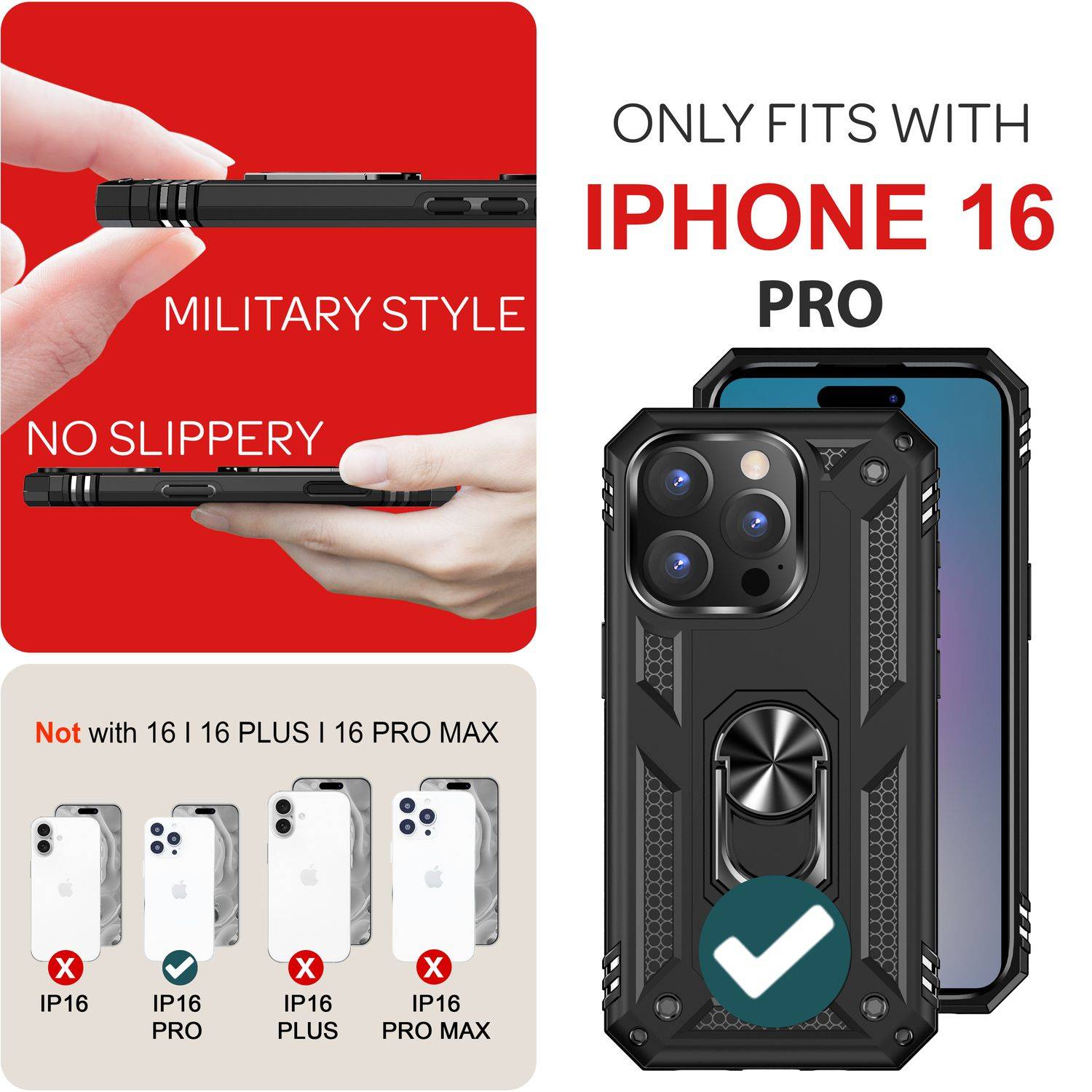 NALIA Military-Style Ringhülle für iPhone 16 Pro, Extrem Schutz Panzer Handyhülle, Hardcase Hülle mit 360° Ring Schwarz-3