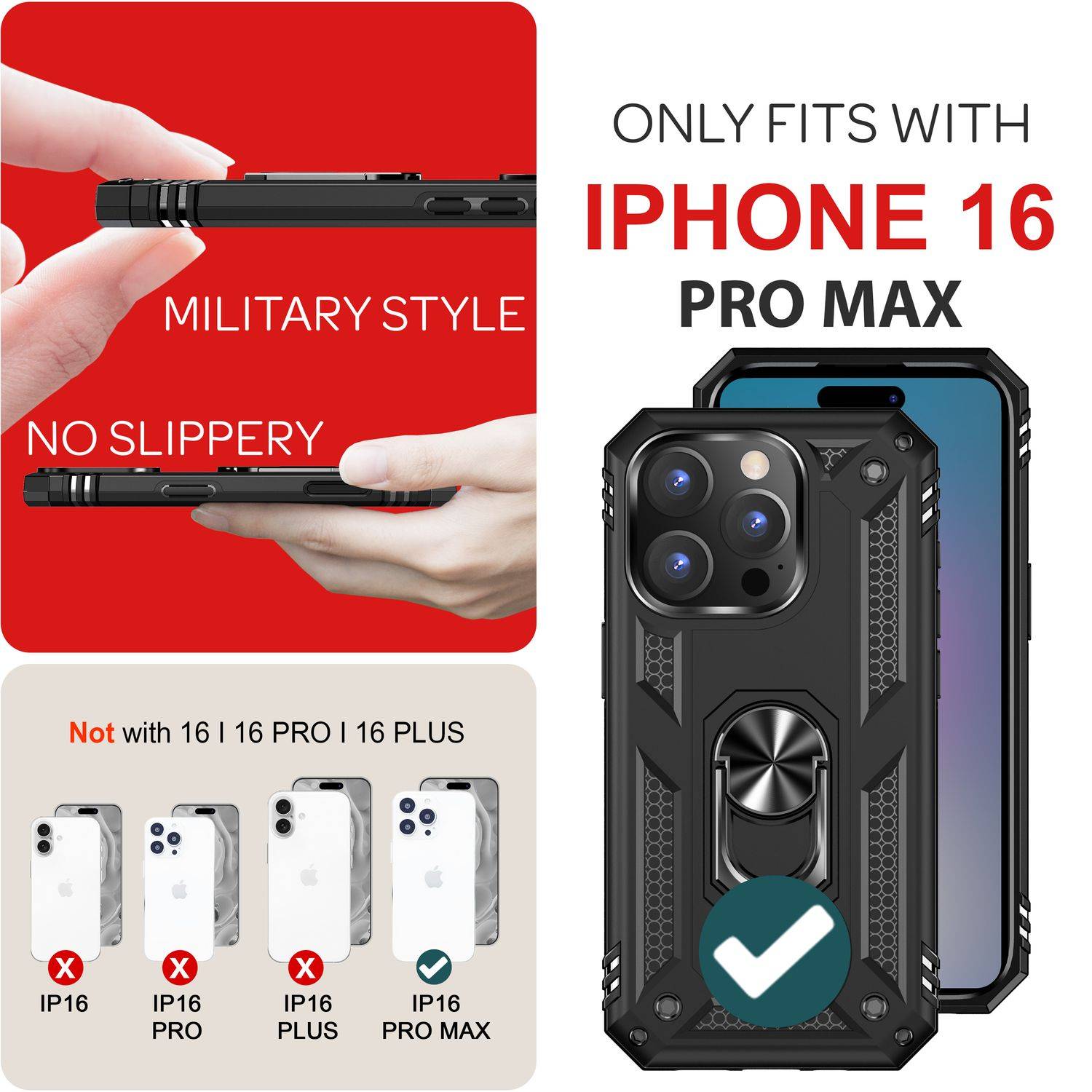 NALIA Military-Style Ringhülle für iPhone 16 Pro Max, Extrem Schutz Handyhülle, Hardcase Hülle mit 360° Ring Schwarz-3