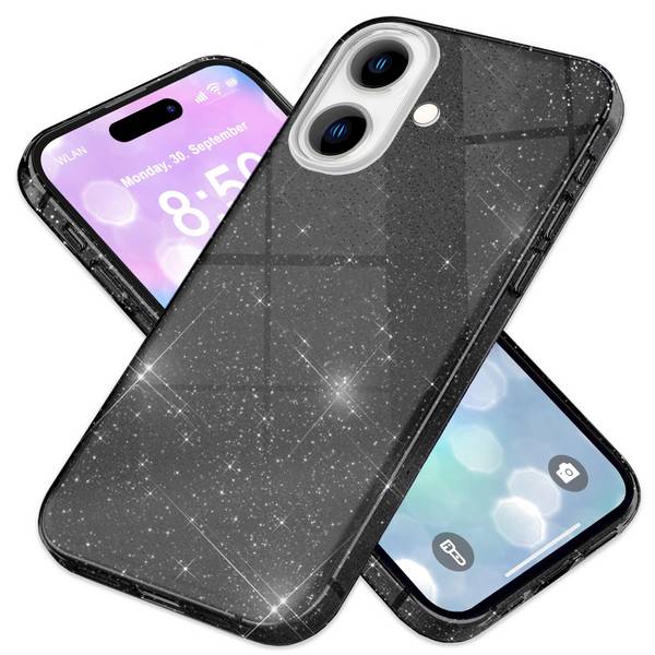 NALIA Glitzer Hybrid Hülle für iPhone 16 Plus, Verstärkte Silikon Handyhülle, Glänzende Schutz Glitzerhülle Schwarz
