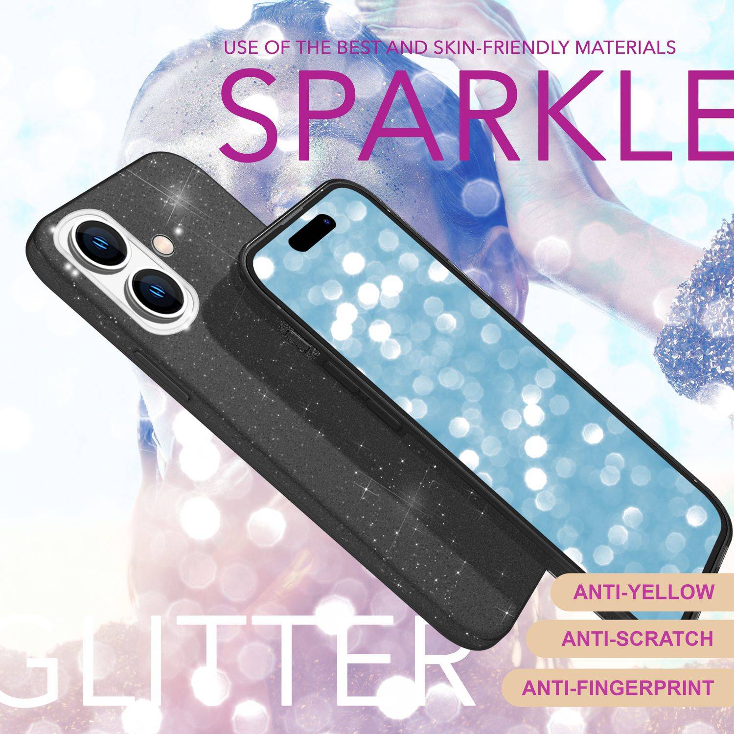 NALIA Glitzer Hybrid Hülle für iPhone 16 Plus, Verstärkte Silikon Handyhülle, Glänzende Schutz Glitzerhülle Schwarz-2