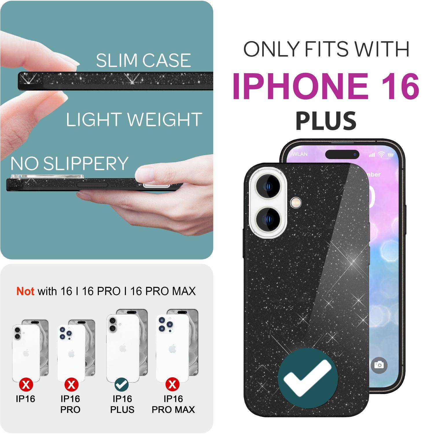 NALIA Glitzer Hybrid Hülle für iPhone 16 Plus, Verstärkte Silikon Handyhülle, Glänzende Schutz Glitzerhülle Schwarz-3