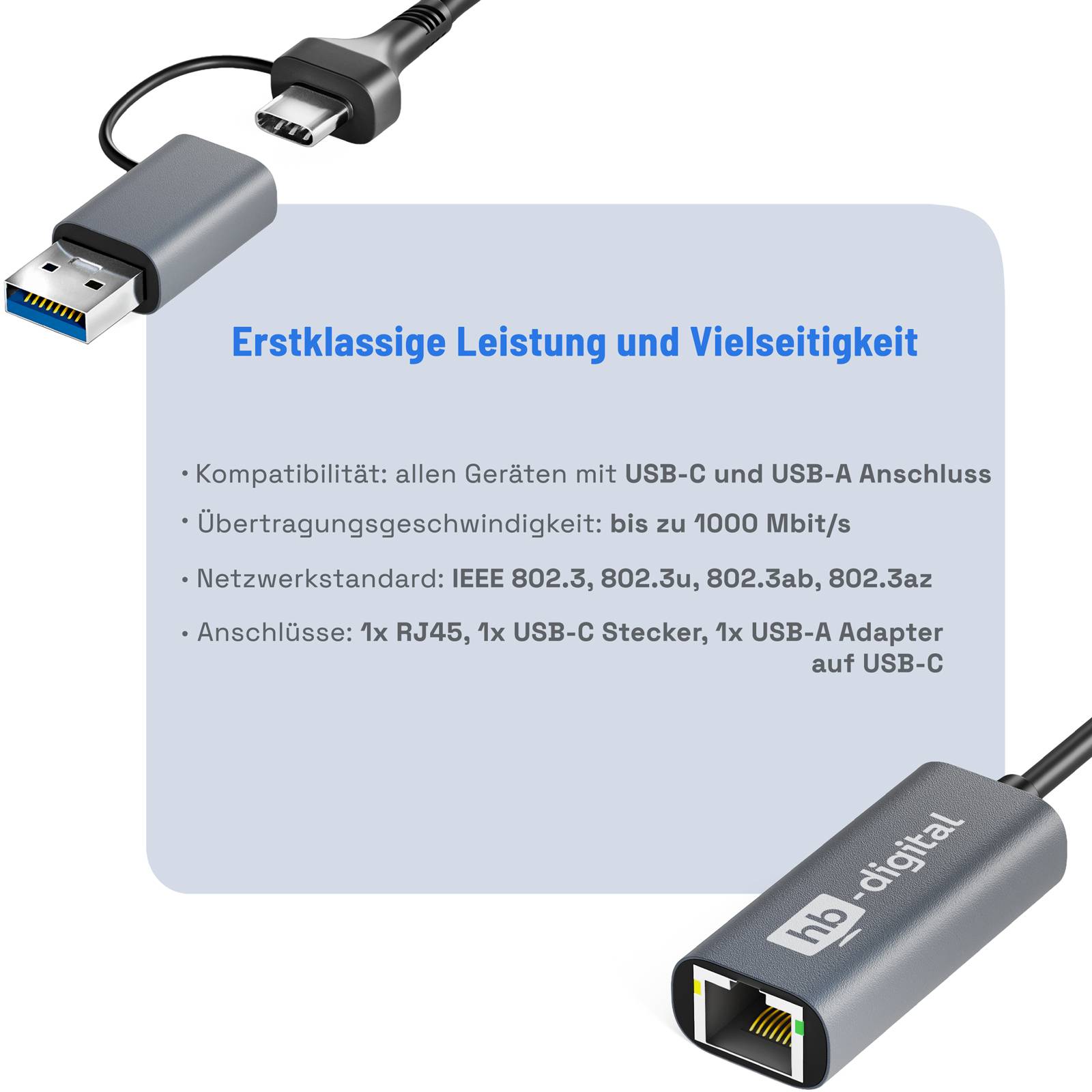 hb-digital USB-C auf Ethernet Adapter mit USB 3.0-1