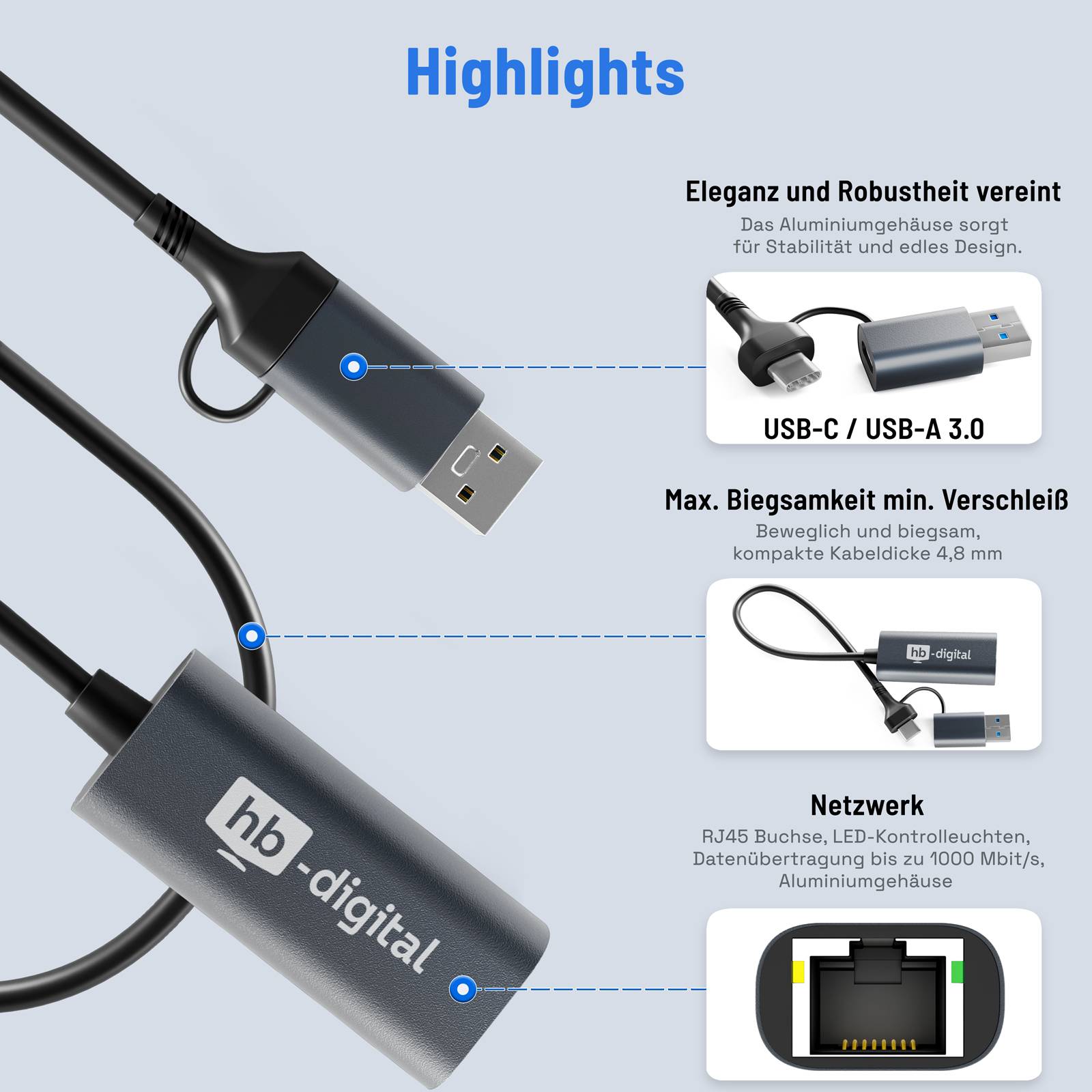 hb-digital USB-C auf Ethernet Adapter mit USB 3.0-2