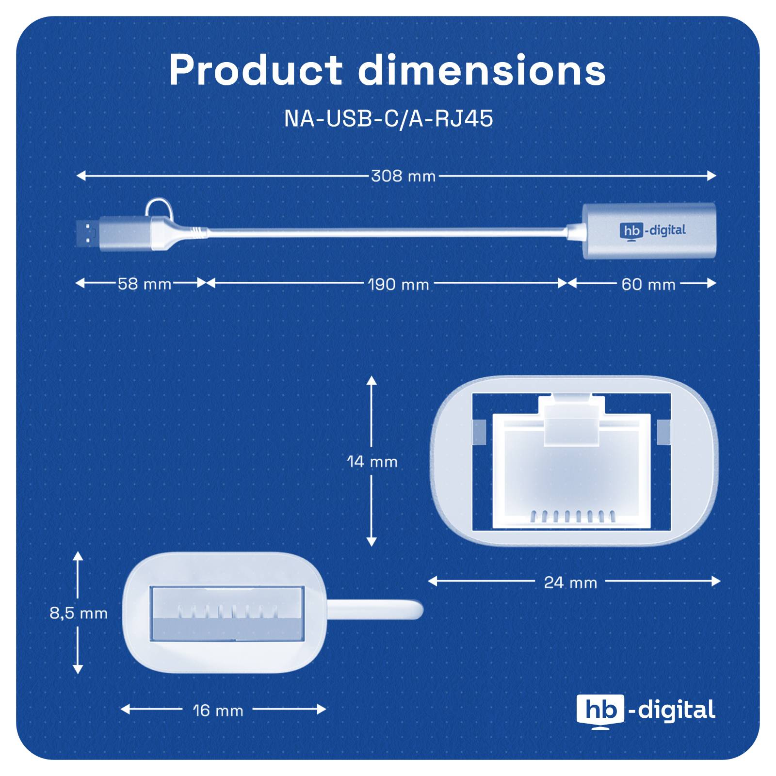 hb-digital USB-C auf Ethernet Adapter mit USB 3.0-4