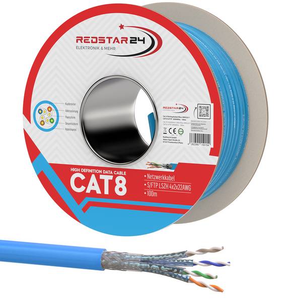 Cat.8 Netzwerkkabel Verlegekabel 2000 MHz S/FTP 100 m Spule PIMF Blau