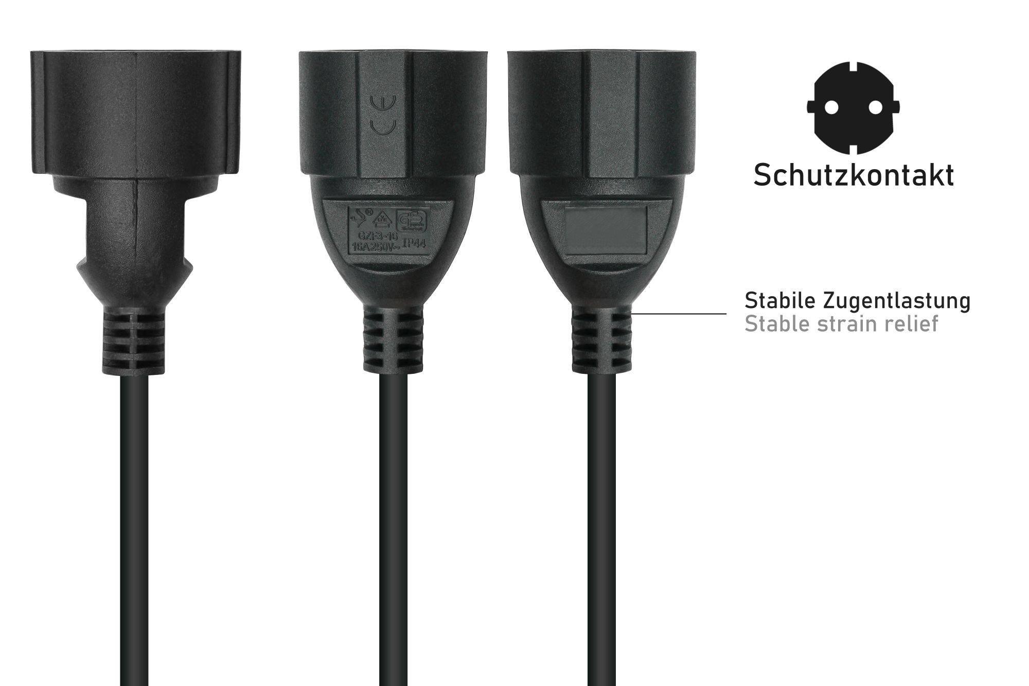 Netzkabel / Adapterkabel USV, Kaltgeräte-Stecker C14 (gerade) an Schutzkontakt-Buchse Typ F (gerade), schwarz, 0,75mm²-3