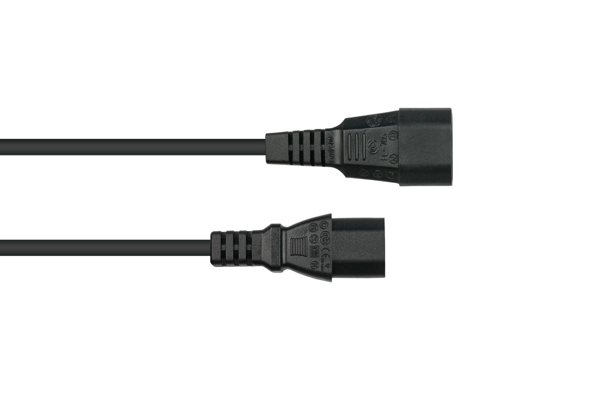 Kaltgeräteverlängerung Kaltgeräte-Stecker C14 (gerade) an Kaltgeräte-Buchse C13 (gerade), schwarz, 0,75mm², 1m-1