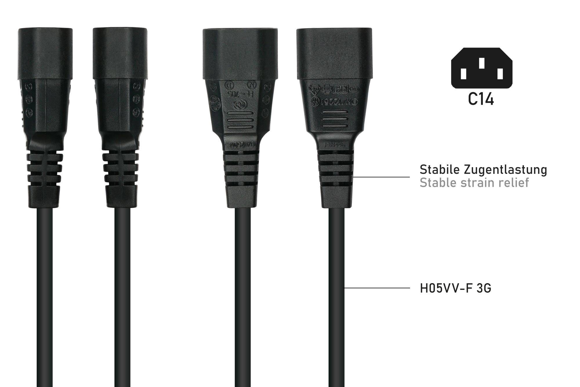 Kaltgeräteverlängerung Kaltgeräte-Stecker C14 (gerade) an Kaltgeräte-Buchse C13 (gerade), schwarz, 0,75mm², 1m-2
