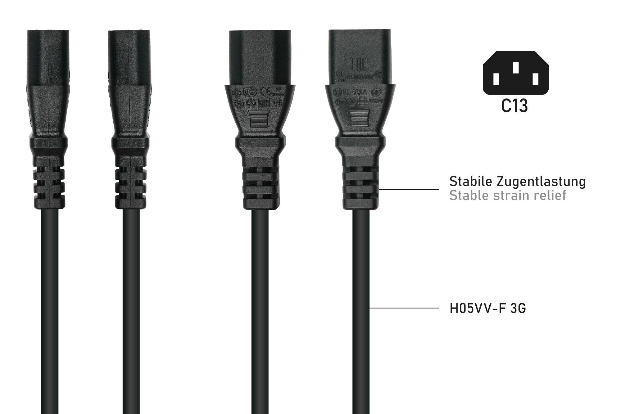 Kaltgeräteverlängerung Kaltgeräte-Stecker C14 (gerade) an Kaltgeräte-Buchse C13 (gerade), schwarz, 0,75mm², 1m-3