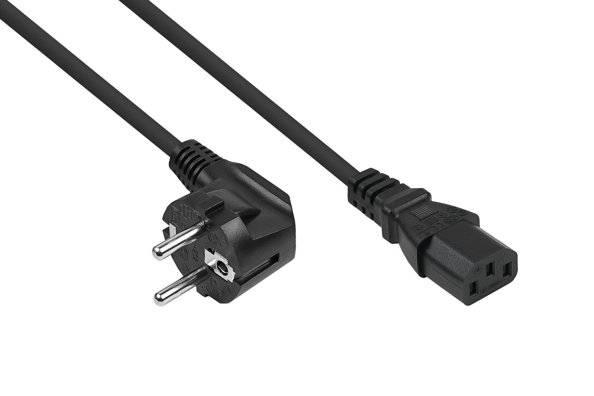 Netzkabel Schutzkontakt-Stecker Typ E+F (CEE 7/7, gewinkelt) an Kaltgeräte-Buchse C13 (gerade), schwarz, 0,75mm², 0,5m-0