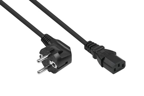 Netzkabel Schutzkontakt-Stecker Typ E+F (CEE 7/7, gewinkelt) an Kaltgeräte-Buchse C13 (gerade), schwarz, 0,75mm², 0,5m