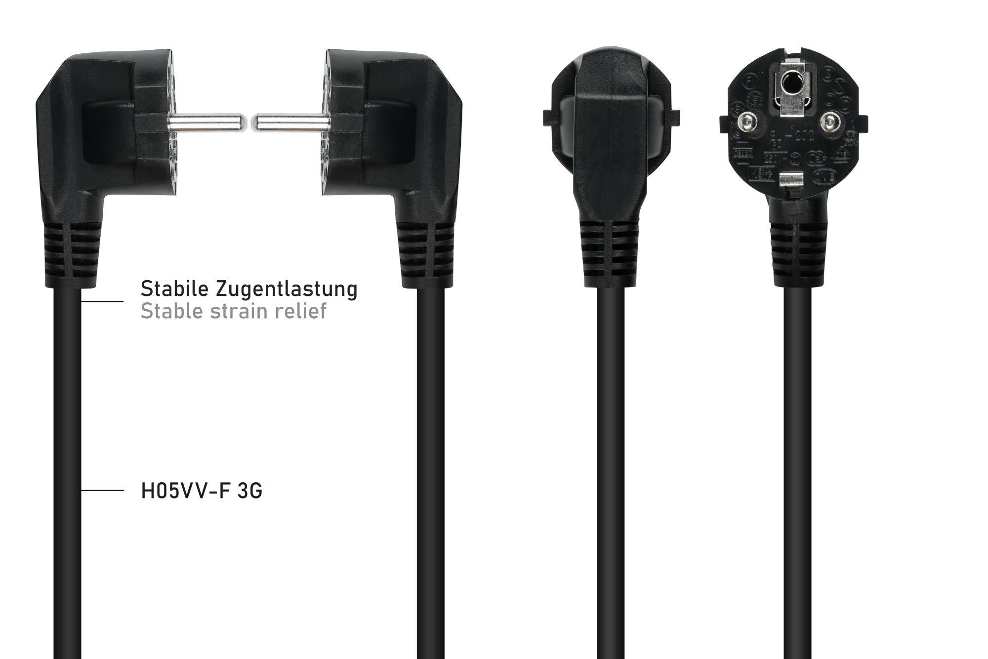 Netzkabel Schutzkontakt-Stecker Typ E+F (CEE 7/7, gewinkelt) an Kaltgeräte-Buchse C13 (gerade), schwarz, 0,75mm², 0,5m-2