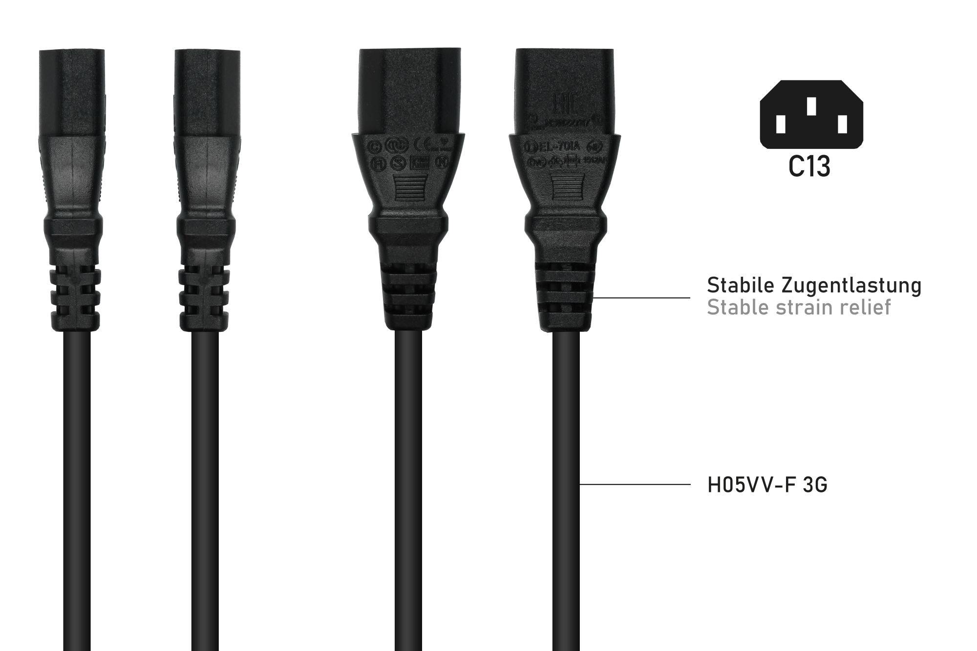Netzkabel Schutzkontakt-Stecker Typ E+F (CEE 7/7, gewinkelt) an Kaltgeräte-Buchse C13 (gerade), schwarz, 0,75mm², 0,5m-3