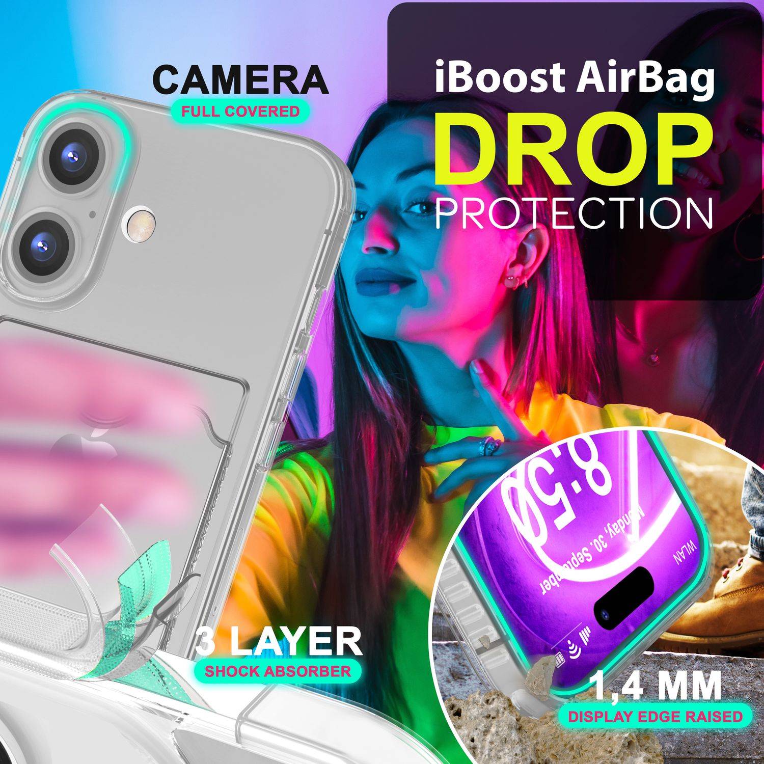 NALIA Klare Neon Hülle mit Kartenhalter für iPhone 16, Bunte Handyhülle mit Kartenfach, Durchsichtiges Silikon Grau-1