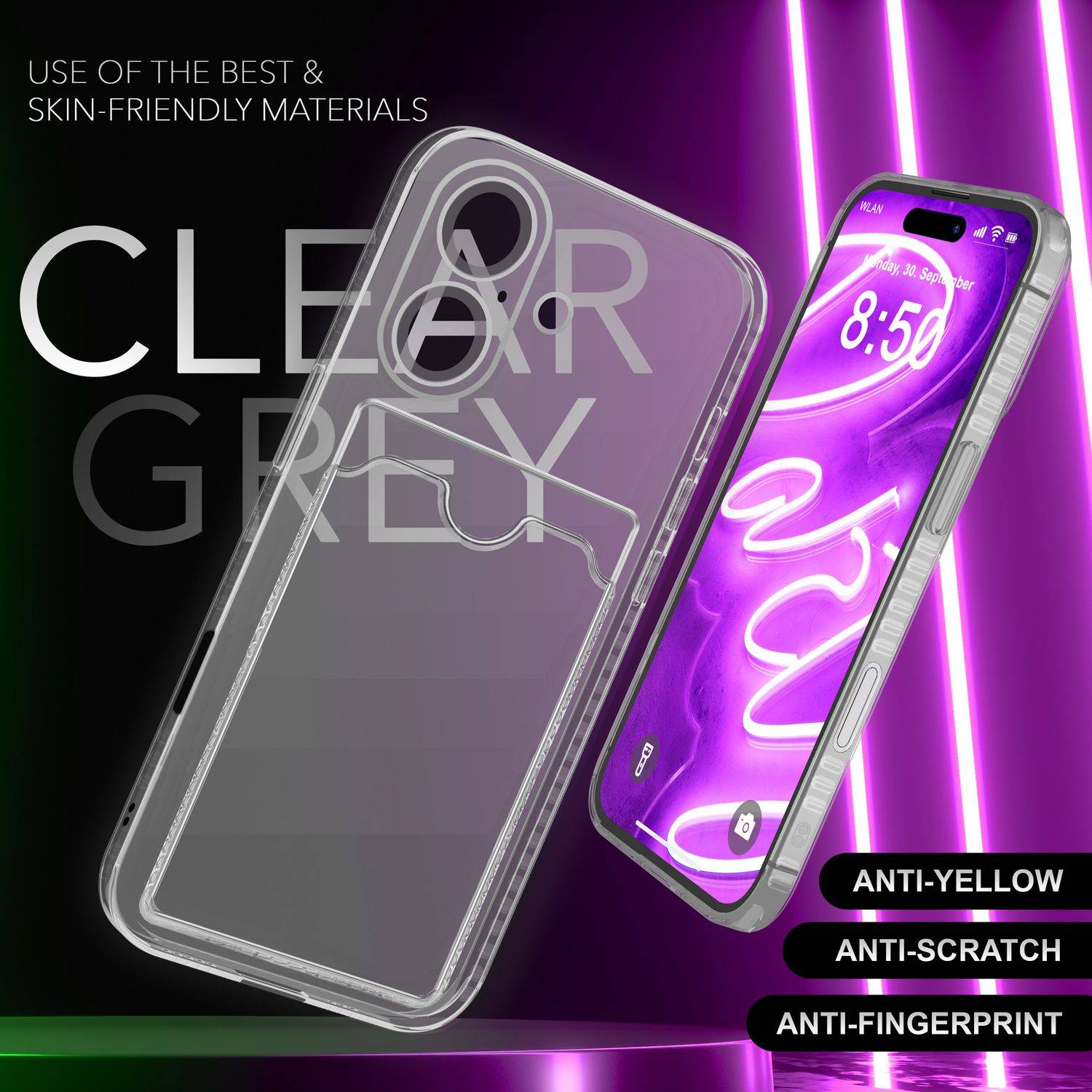 NALIA Klare Neon Hülle mit Kartenhalter für iPhone 16, Bunte Handyhülle mit Kartenfach, Durchsichtiges Silikon Grau-2