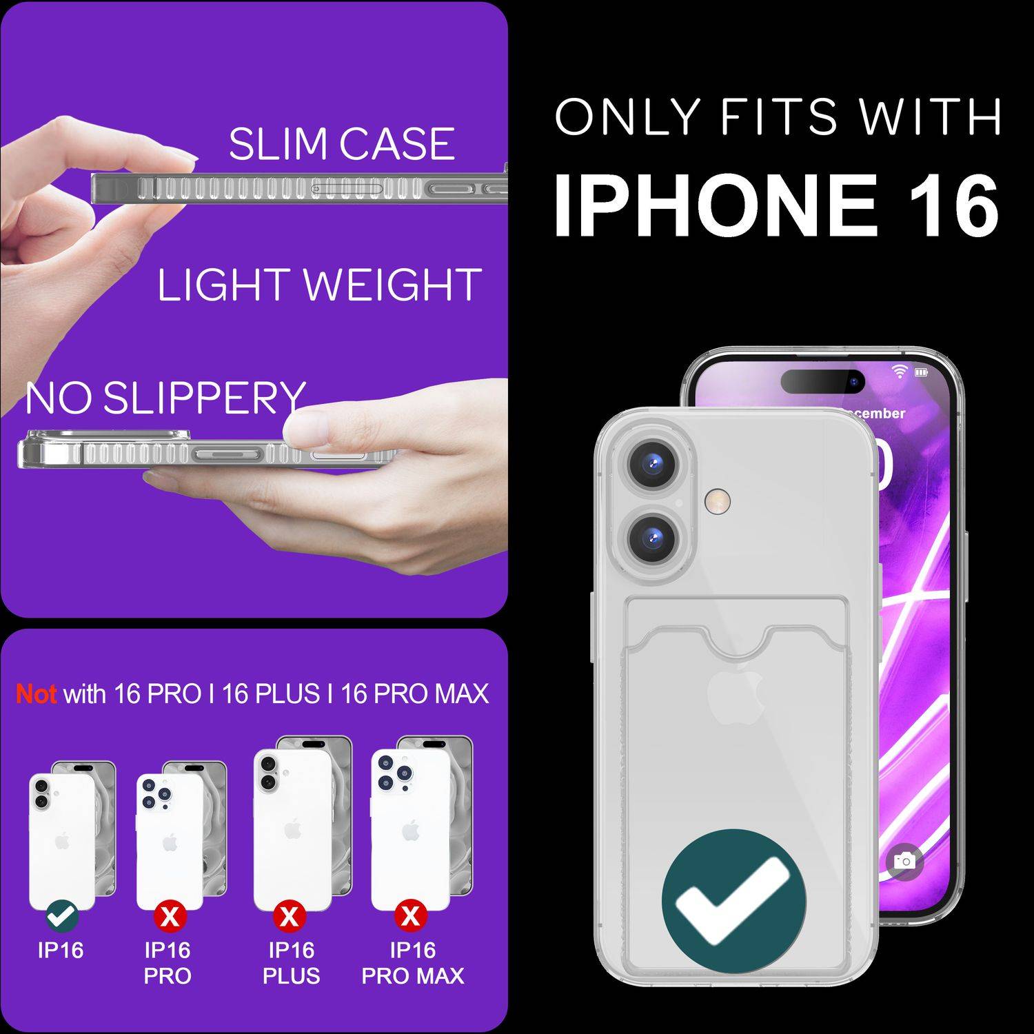 NALIA Klare Neon Hülle mit Kartenhalter für iPhone 16, Bunte Handyhülle mit Kartenfach, Durchsichtiges Silikon Grau-3