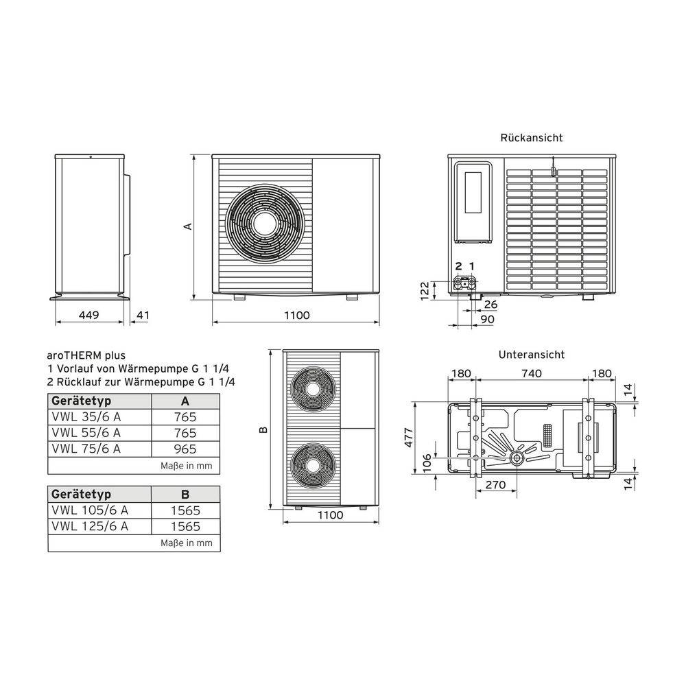 Vaillant aroTHERM plus Luft-Wasser-Heizungswärmepumpe VWL 55/6 A S2, 9,7kW bei A7/W35, R290, 230V-1