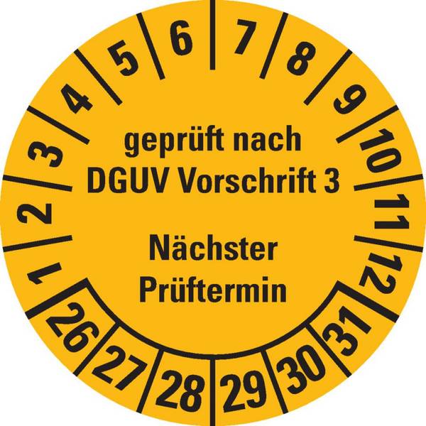 Prüfplakette geprüft nach DGUV Vorschrift 3 Nächster Prüftermin,26-31,gelb,Folie,ablösbar,Ø 25mm,500/Rolle