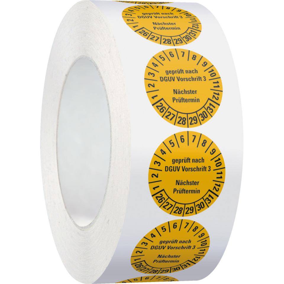 Prüfplakette geprüft nach DGUV Vorschrift 3 Nächster Prüftermin,26-31,gelb,Folie,ablösbar,Ø 30mm,500/Rolle-2