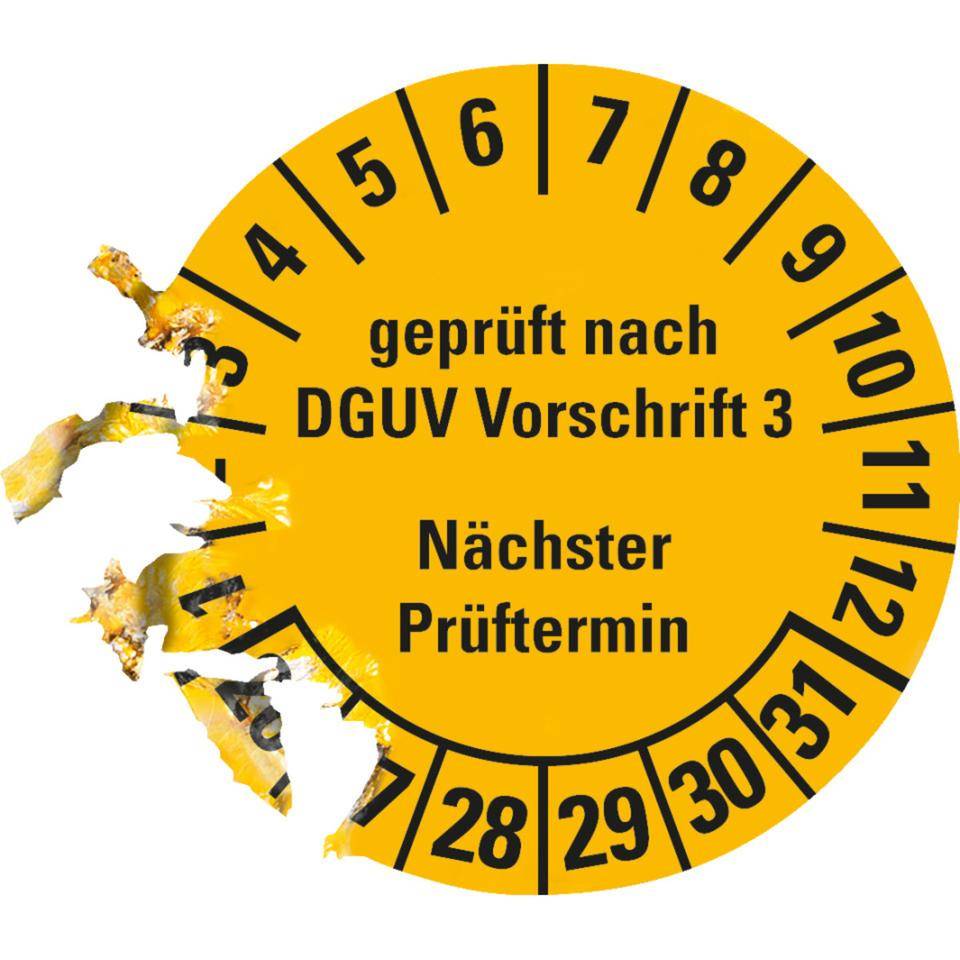 Prüfplakette geprüft nach DGUV Vorschrift 3 Nächster Prüftermin 26-31,gelb,Dokumentenfolie,Ø25mm,21/Bogen-2