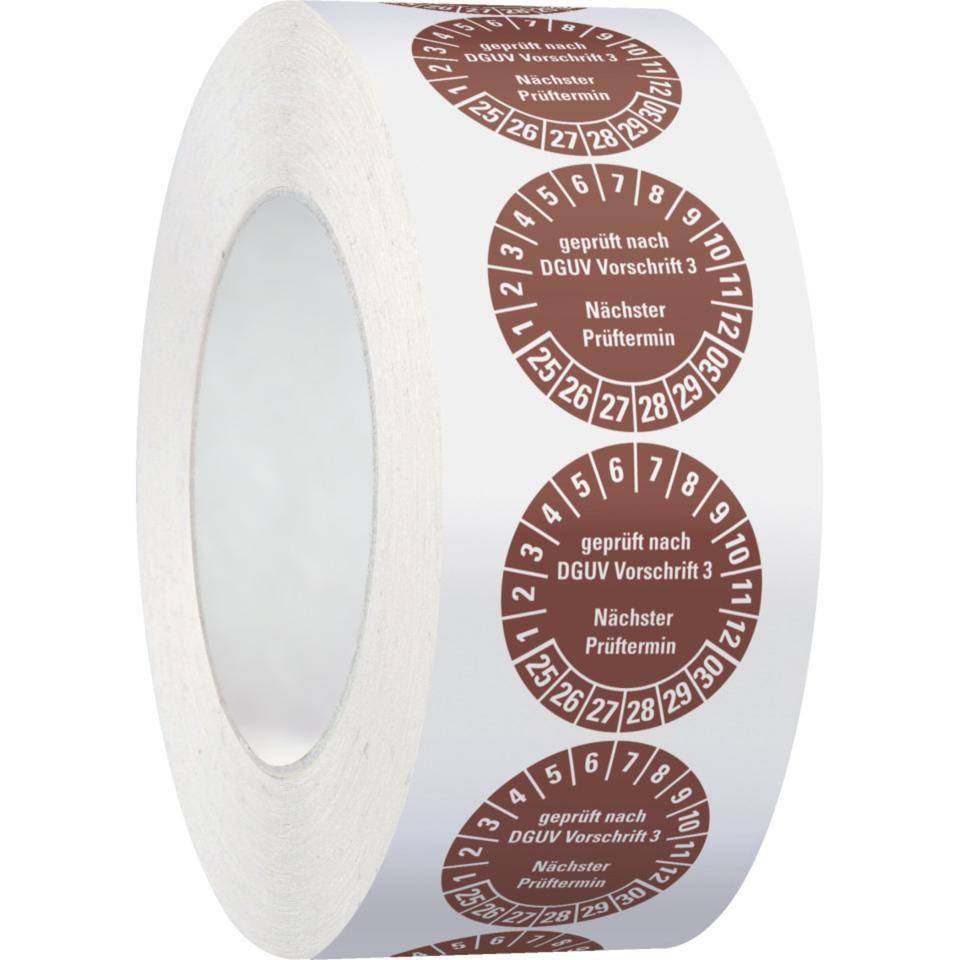Prüfplakette geprüft nach DGUV Vorschrift 3, Nächster Prüftermin, 25-30, braun, Cellulose-Folie, selbstklebend, Ø 30mm-3