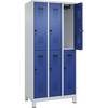 Doppelstock-Spind Evolo PLUS 3 Abteile lichtgrau / enzianblau B 900 mm mit breiten Füßen Drehriegel. C+P