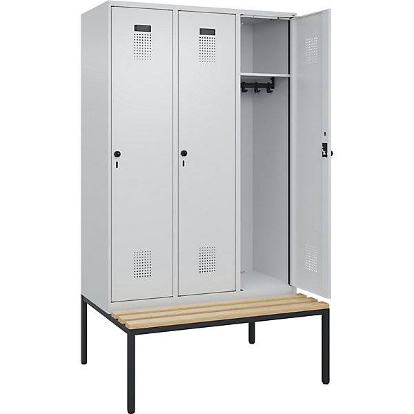 Spind Evolo PLUS Sitzbank 3 Abteile lichtgrau / lichtgrau B 1200 mm Sicherheits-Drehriegel mit untergebauter-0