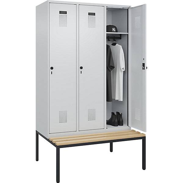 Spind Evolo PLUS Sitzbank 3 Abteile lichtgrau / lichtgrau B 1200 mm Sicherheits-Drehriegel mit untergebauter-1