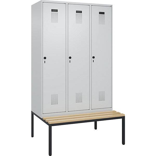 Spind Evolo PLUS Sitzbank 3 Abteile lichtgrau / lichtgrau B 1200 mm Sicherheits-Drehriegel mit untergebauter-2