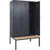 Spind Evolo PLUS Sitzbank 3 Abteile grau B 1200 mm Sicherheits-Drehriegel mit untergebauter Sitzbank Buche.