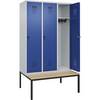 Spind Evolo PLUS Sitzbank 3 Abteile lichtgrau / enzianblau B 1200 mm Sicherheits-Drehriegel mit untergebauter