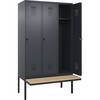 Spind Evolo PLUS Sitzbank 3 Abteile grau B 1200 mm Sicherheits-Drehriegel mit auskragender Sitzbank Buche.