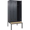 Spind Evolo PLUS Sitzbank 3 Abteile grau B 900 mm Sicherheits-Drehriegel mit untergebauter Sitzbank Buche.