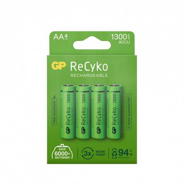 GP BATTERY - GP Batteries ReCyko+ 1300mAh 4Stk., Wiederaufladbarer Akku, AA, Nickel-Metallhydrid (NiMH), 1,2 V, 4 Stück(