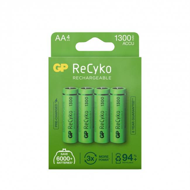 GP BATTERY - GP Batteries ReCyko+ 1300mAh 4Stk., Wiederaufladbarer Akku, AA, Nickel-Metallhydrid (NiMH), 1,2 V, 4 Stück(-0