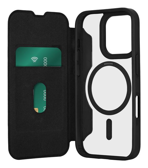Puro Book Mag MagSafe Lederhülle Flip Kartensteckplatz iPhone 16 Pro Max – Schwarz