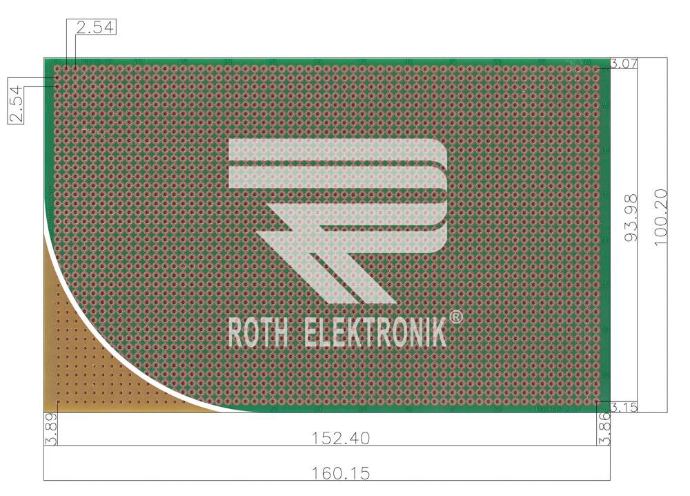 Roth Elektronik RE212-HP Laborkarte CEM3 160 x 100 mm 1,5 mm einseitig RM 2,54 Ø 1 mm 35 µm-0