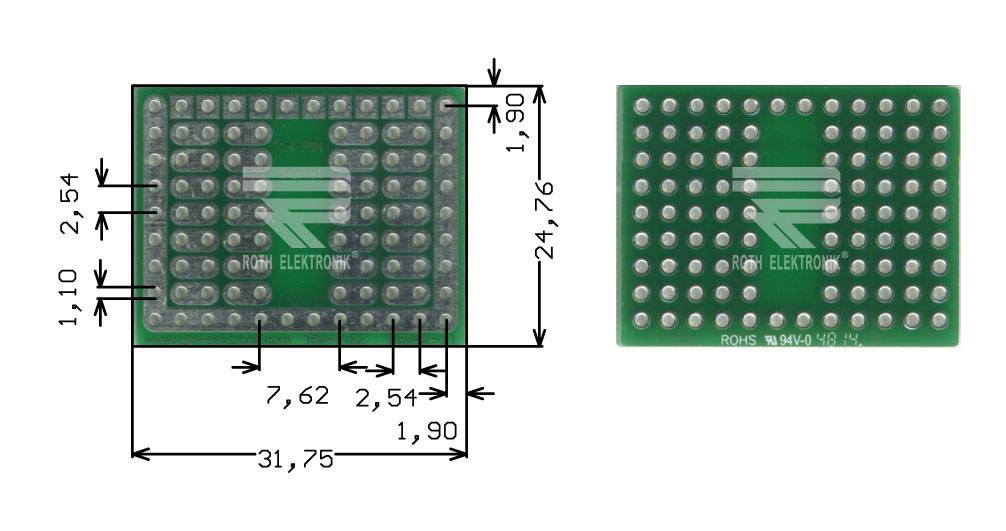 Roth Elektronik RE942-S1 Laborkarte FR4 24,8 x 31,8 mm 1,5 mm zweiseitig RM 2,54 Ø 1,1 mm 35 µm-0