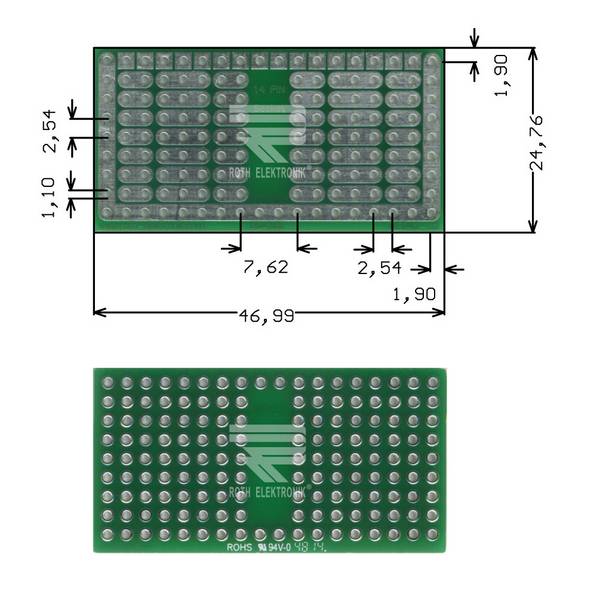 Roth Elektronik RE942-S2 Laborkarte FR4 24,8 x 47,0 mm 1,5 mm zweiseitig RM 2,54 Ø 1,1 mm 35 µm