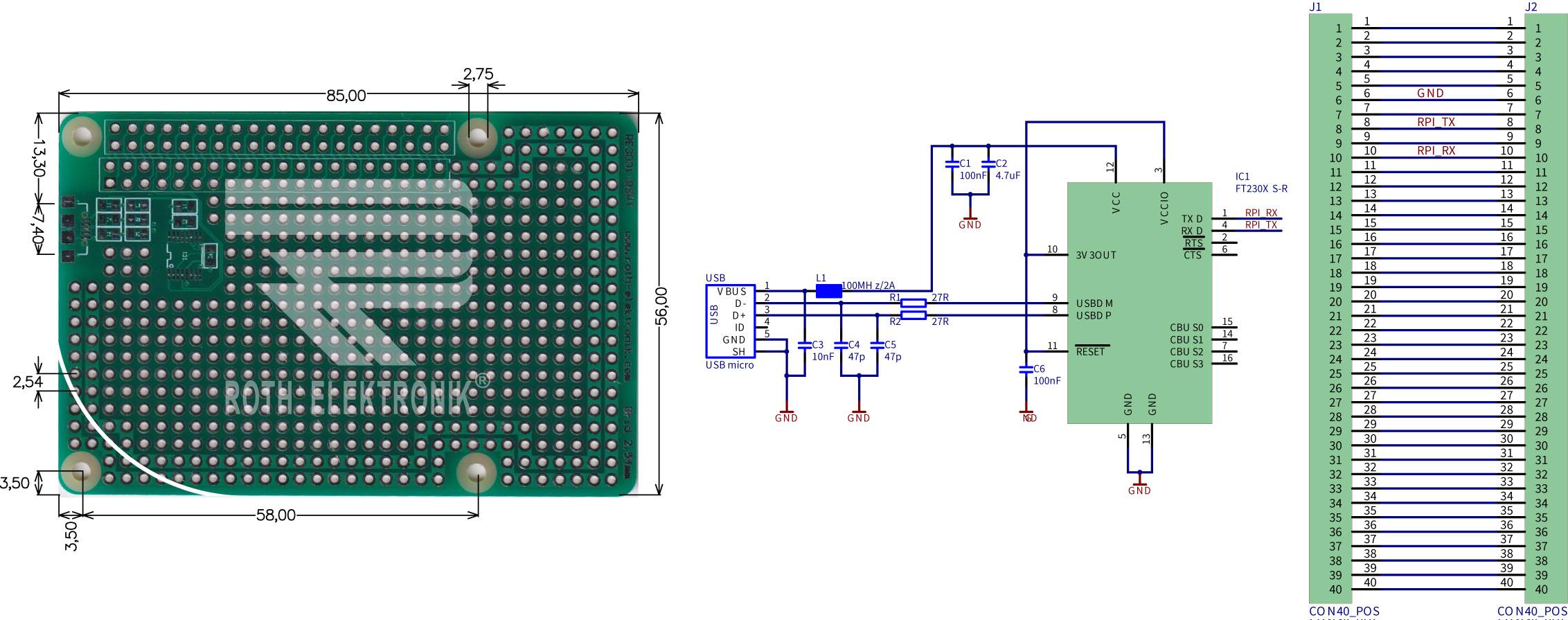 Roth Elektronik RE3031-DSPT Raspberry-Pi-UART-USB-Laborkarte FR4 56,0 x 85,0 mm 1,5 mm zweiseitig RM 2,54 Ø 1 mm 35 µm-0