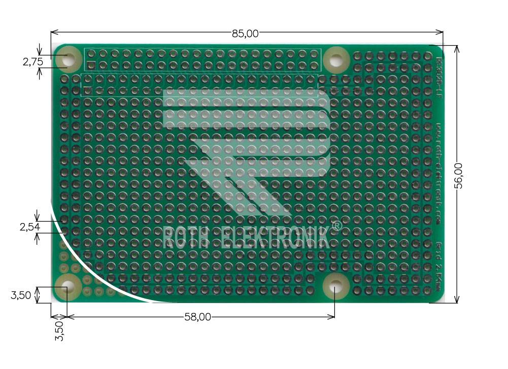 Roth Elektronik RE3025-LF Raspberry-Pi-Laborkarte FR4 56,0 x 85,0 mm 1,5 mm einseitig RM 2,54 Ø 1 mm 35 µm-0