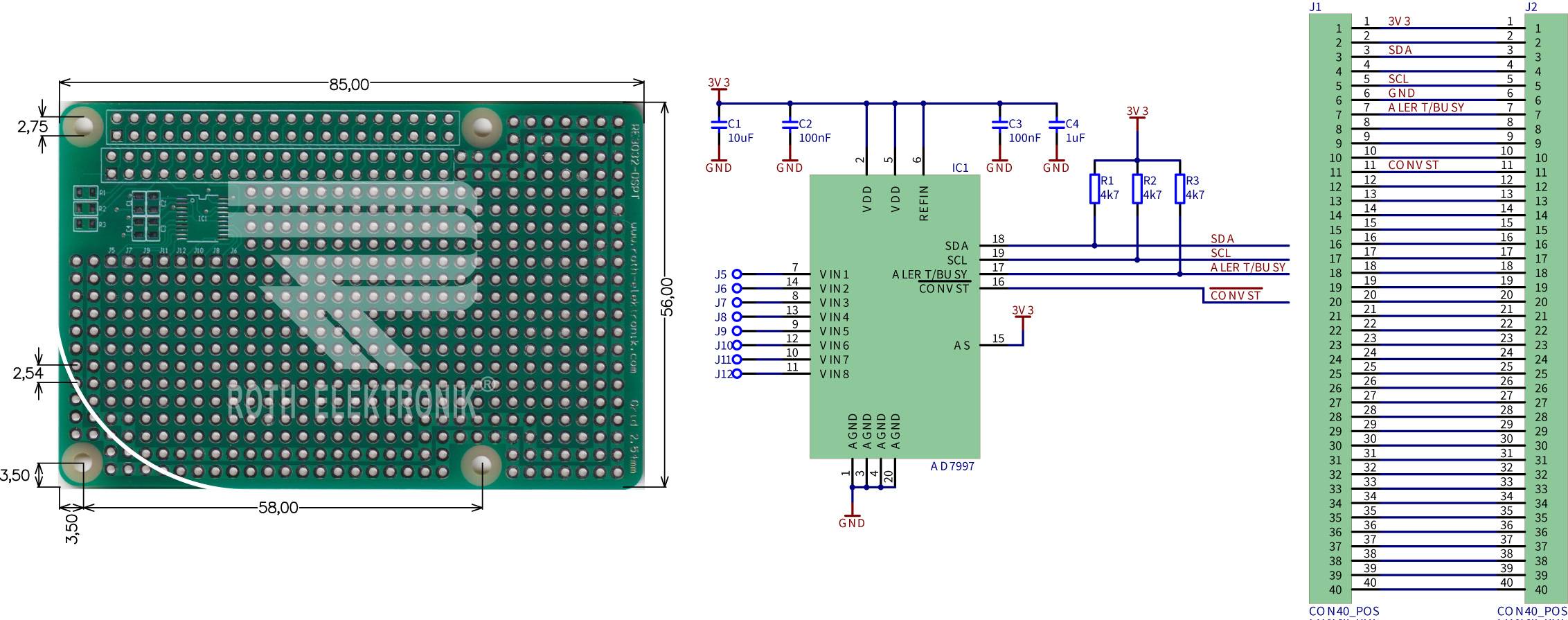 Roth Elektronik RE3032-DSPT Raspberry-Pi-ADC-Laborkarte FR4 56,0 x 85,0 mm 1,5 mm zweiseitig RM 2,54 Ø 1 mm 35 µm-0