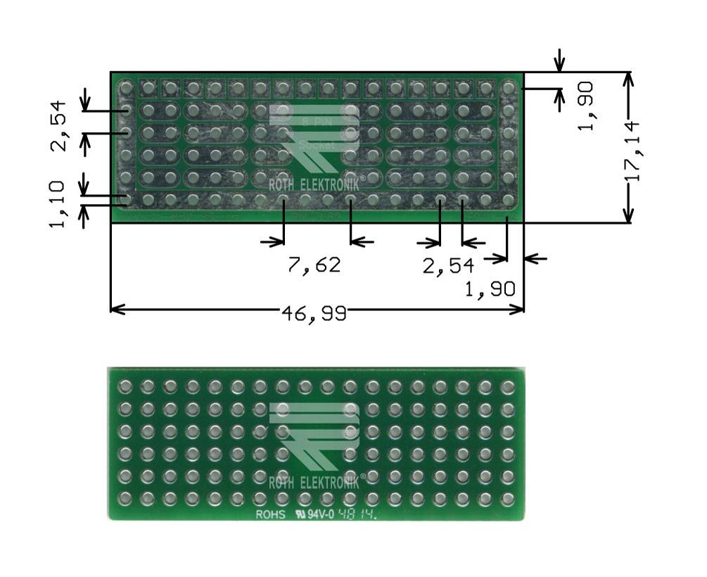 Roth Elektronik RE941-S2 Lötbares Breadboard FR4 17,1 x 47,0 mm 1,5 mm zweiseitig RM 2,54 Ø 1,1 mm 35 µm-0