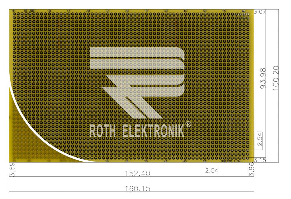Roth Elektronik RE200-DSPT Laborkarte FR4 160 x 100 mm 1,5 mm zweiseitig RM 2,54 Ø 1 mm 35 µm-0