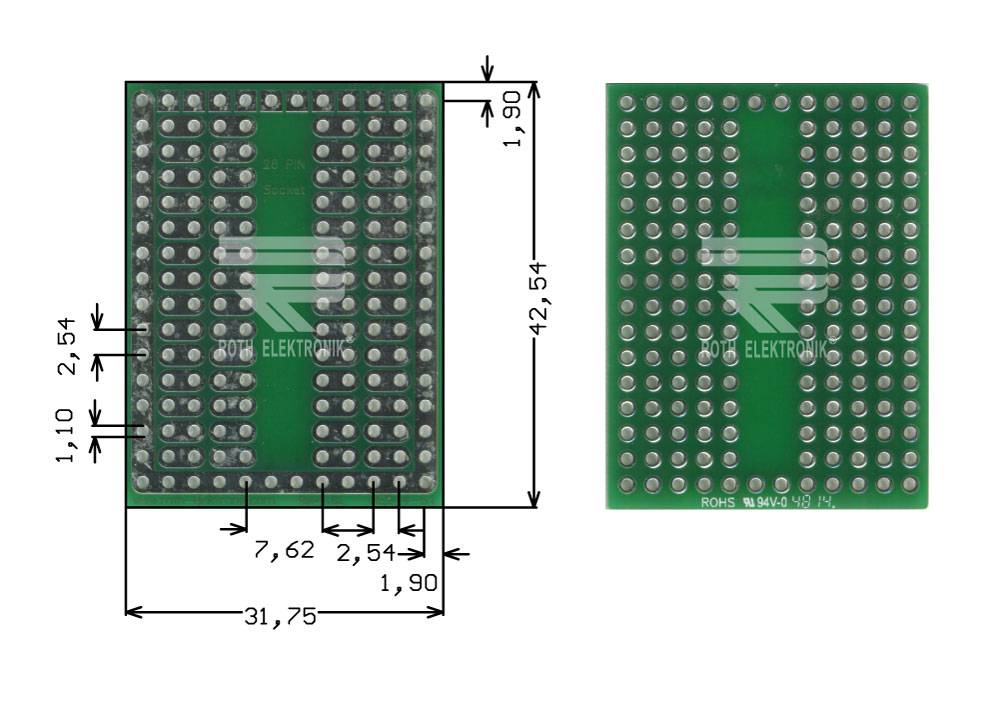 Roth Elektronik RE944-S1 Laborkarte FR4 42,5 x 31,8 mm 1,5 mm zweiseitig RM 2,54 Ø 1,1 mm 35 µm-0