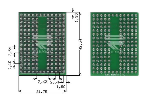 Roth Elektronik RE944-S1 Laborkarte FR4 42,5 x 31,8 mm 1,5 mm zweiseitig RM 2,54 Ø 1,1 mm 35 µm