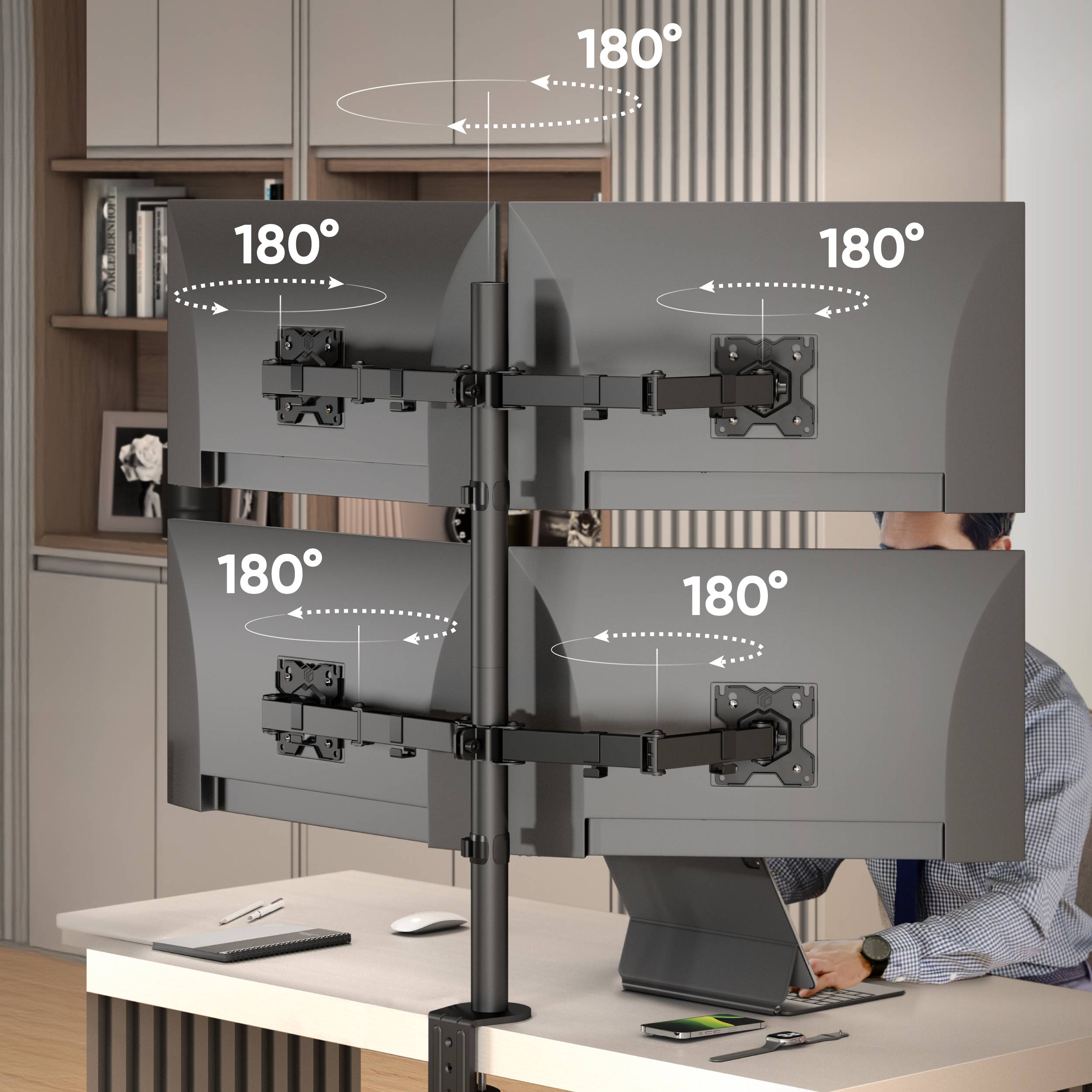 ONKRON Monitorhalterung 4x 13"-32", je 8 kg, VESA 75x75 & 100x100, Höhenverstellbar, Schwenkbar, Neigbar, D421E-B-5