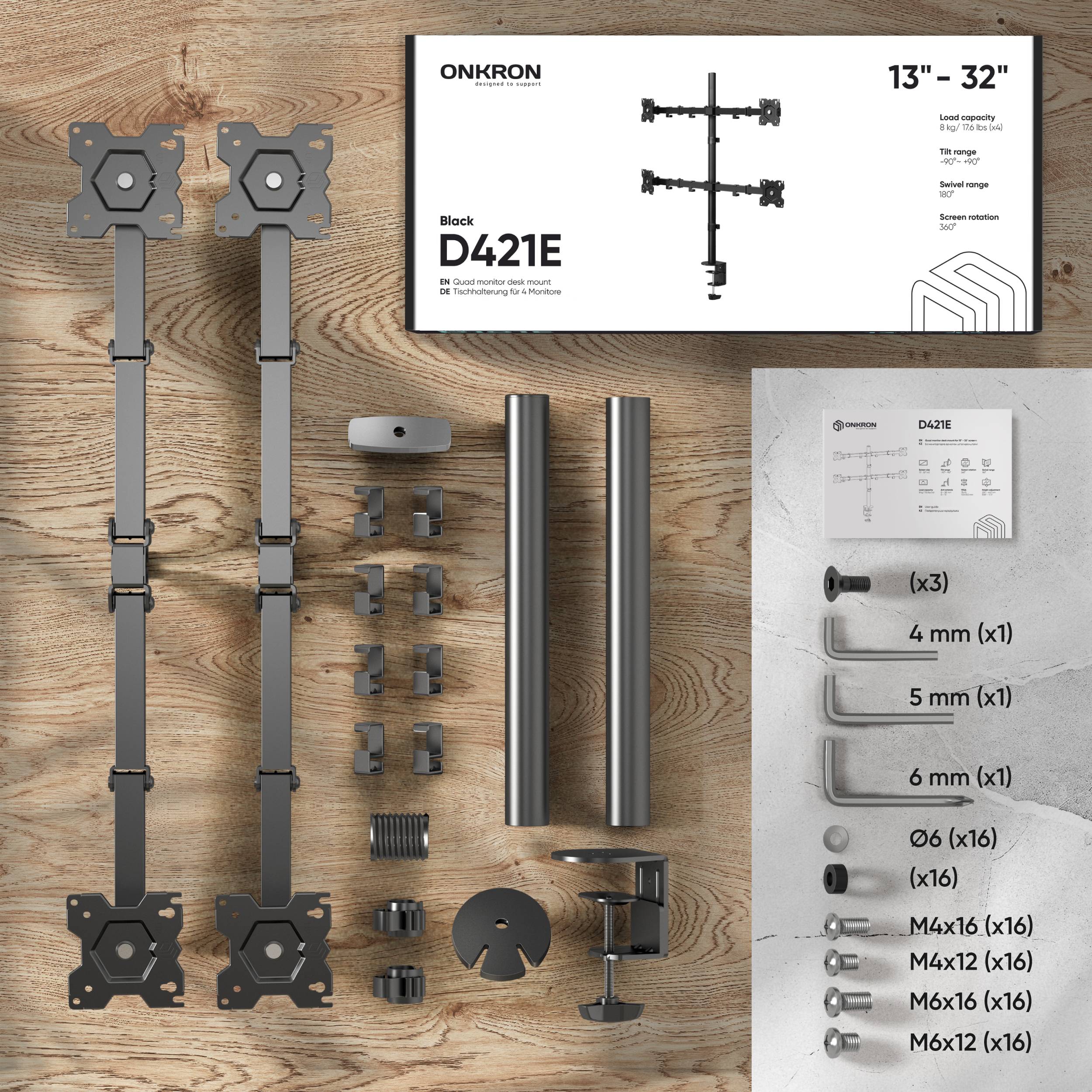 ONKRON Monitorhalterung 4x 13"-32", je 8 kg, VESA 75x75 & 100x100, Höhenverstellbar, Schwenkbar, Neigbar, D421E-B-6